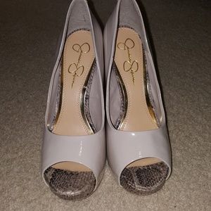 Jessica Simpson peep toe heels w/snakeskin detail